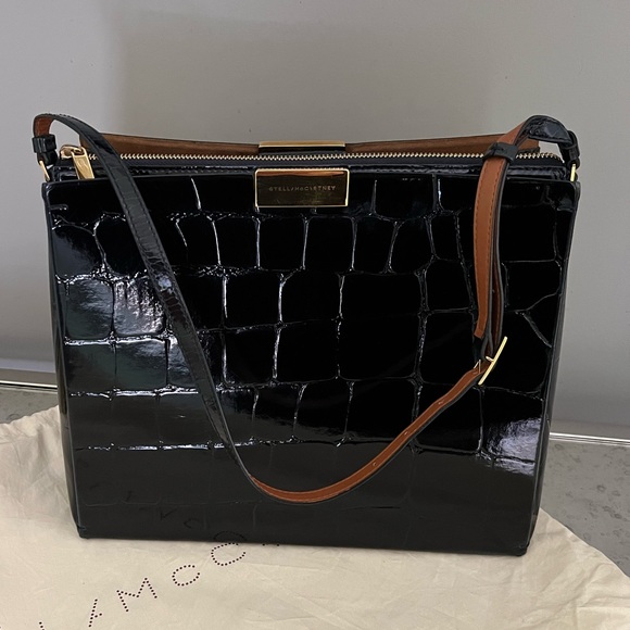 Stella McCartney Handbags - Stella McCartney Black Patent Croc-Embossed Shoulder Bag with Brown Strap